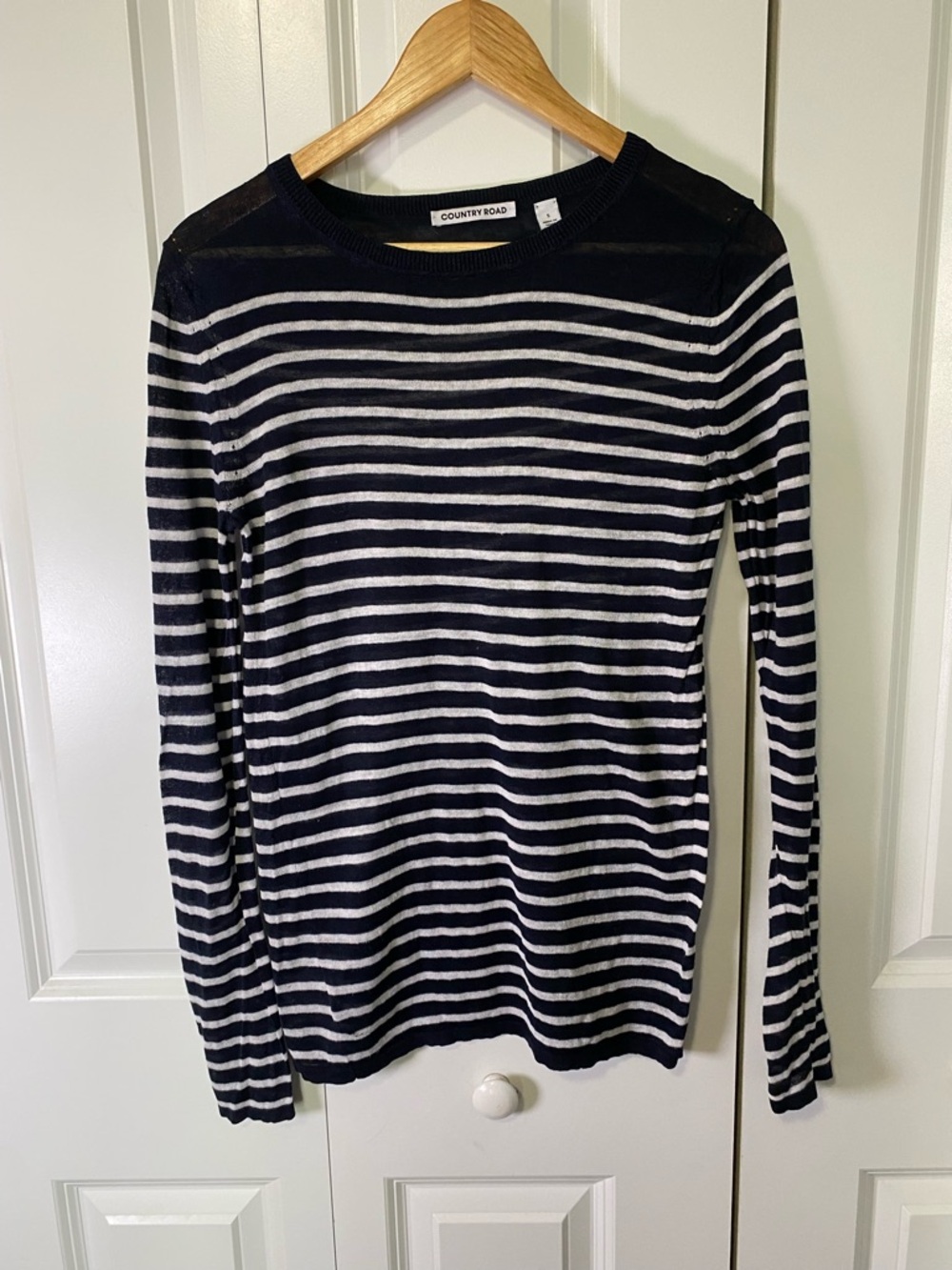 Country Road (Australian) Navy and White Striped Crew Neck Linen Blend Sweater